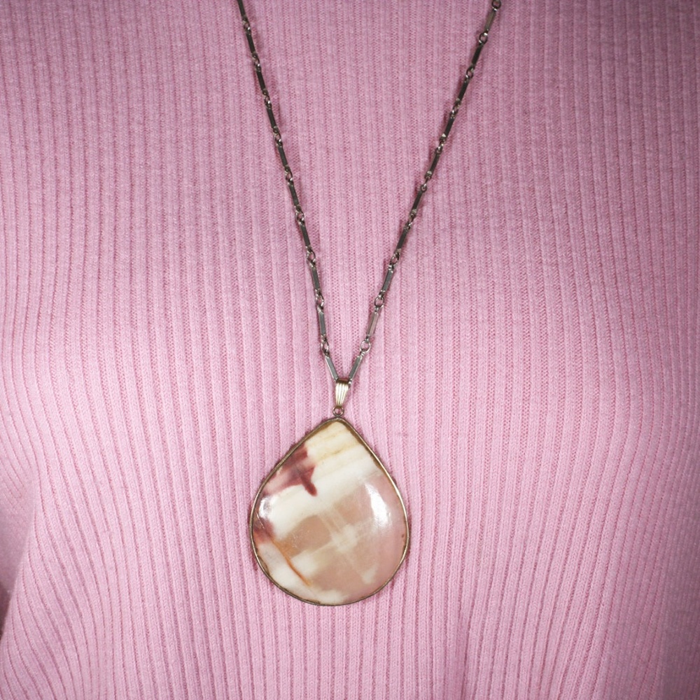 Long Faux Moonstone Statement Necklace.